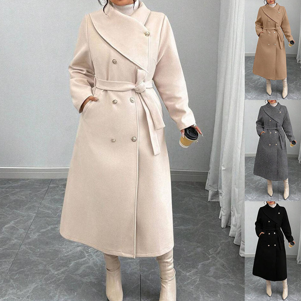 Women's Double-Breasted Wool Coat with Asymmetrical Collar