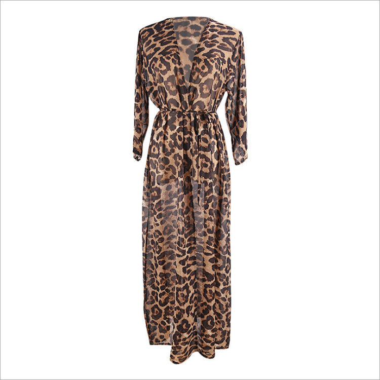 Chiffon Beach Kimono Cover-Up — Sheer Leopard Dot Resort Cardigan