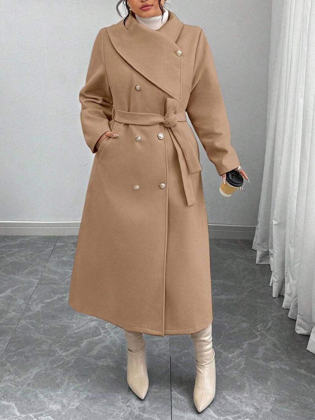 Women's Double-Breasted Wool Coat with Asymmetrical Collar