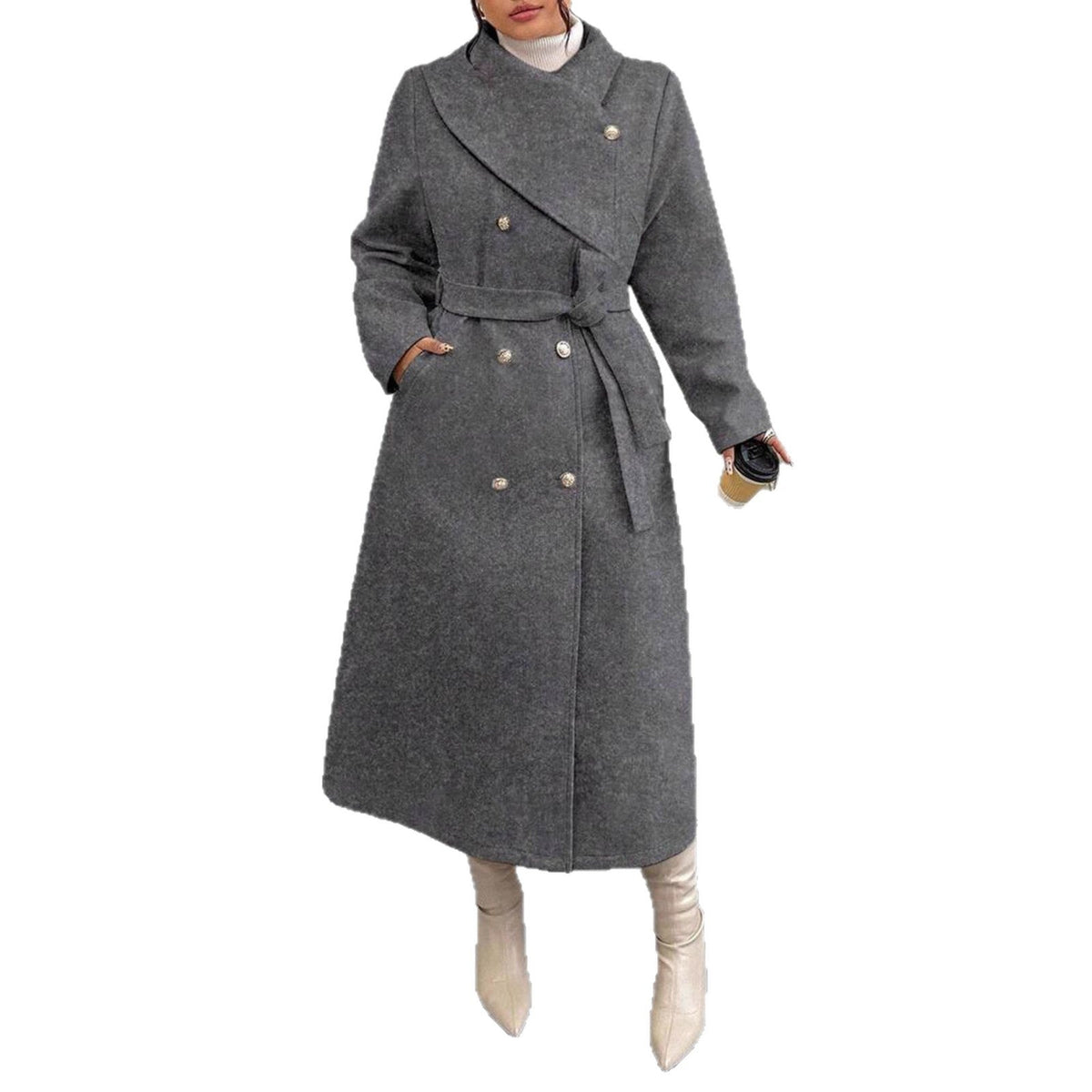 Women's Double-Breasted Wool Coat with Asymmetrical Collar