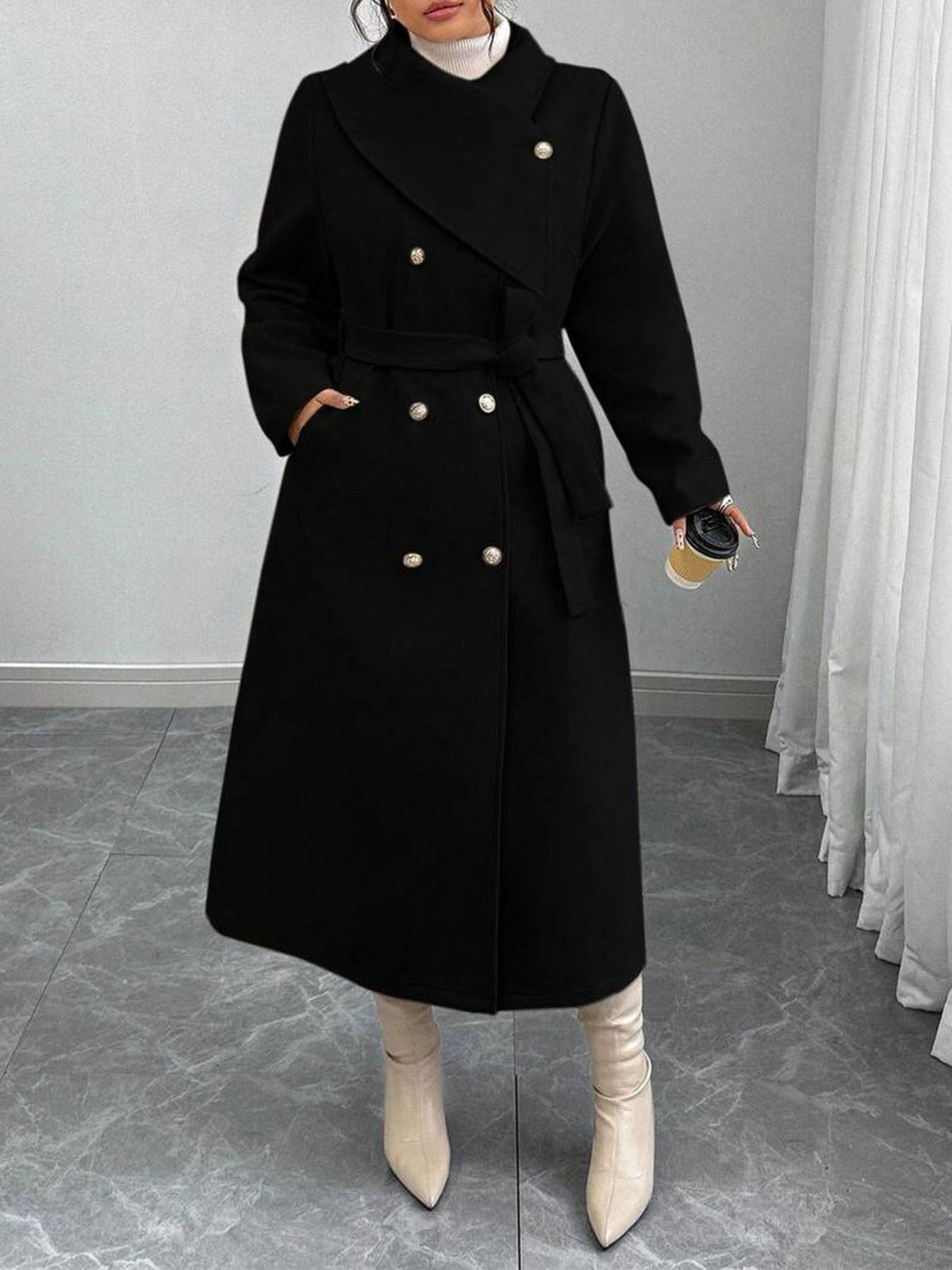Women's Double-Breasted Wool Coat with Asymmetrical Collar