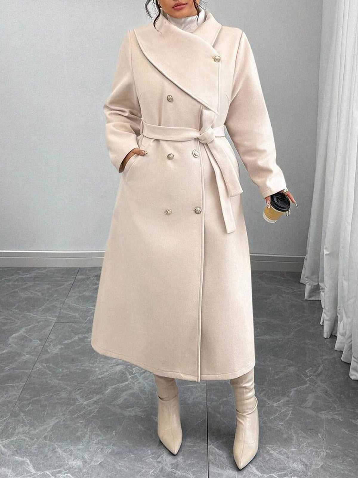 Women's Double-Breasted Wool Coat with Asymmetrical Collar