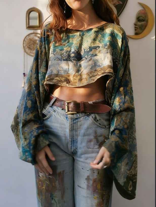 Paisley Soul Crop Top — Boho Ethnic Print Lantern Sleeve