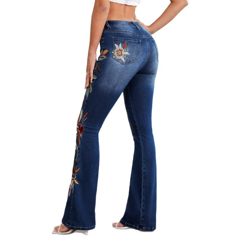 70s Revival High-Waist Flare Jeans — Embroidered Navy Denim