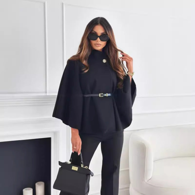 Batwing Sleeve Cloak Jacket | Belted Wool-Blend Outwear