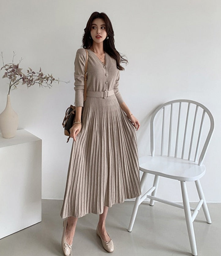 Single-breasted Women Sweater Dress Knitted Belted Female A-line soft dresses - The paisley company