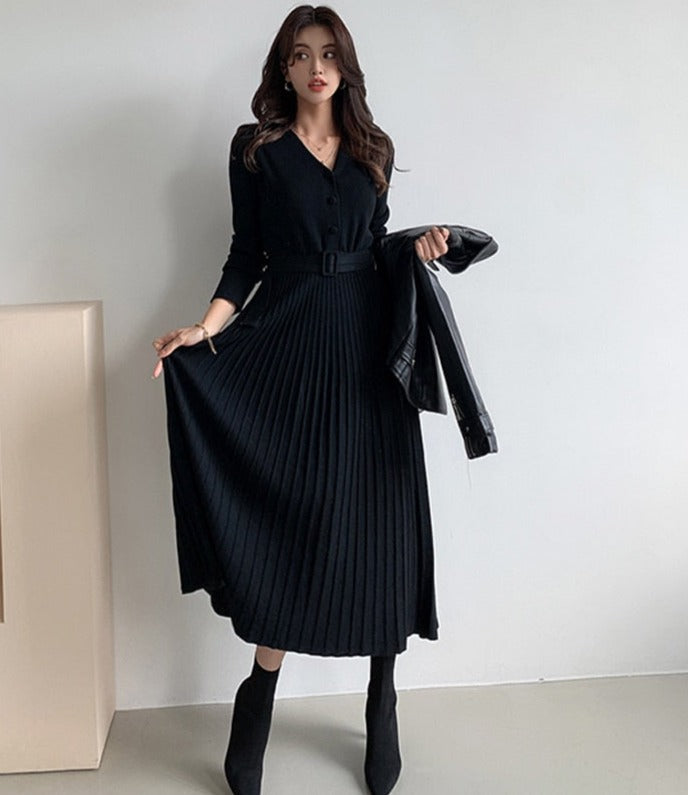 Single-breasted Women Sweater Dress Knitted Belted Female A-line soft dresses - The paisley company