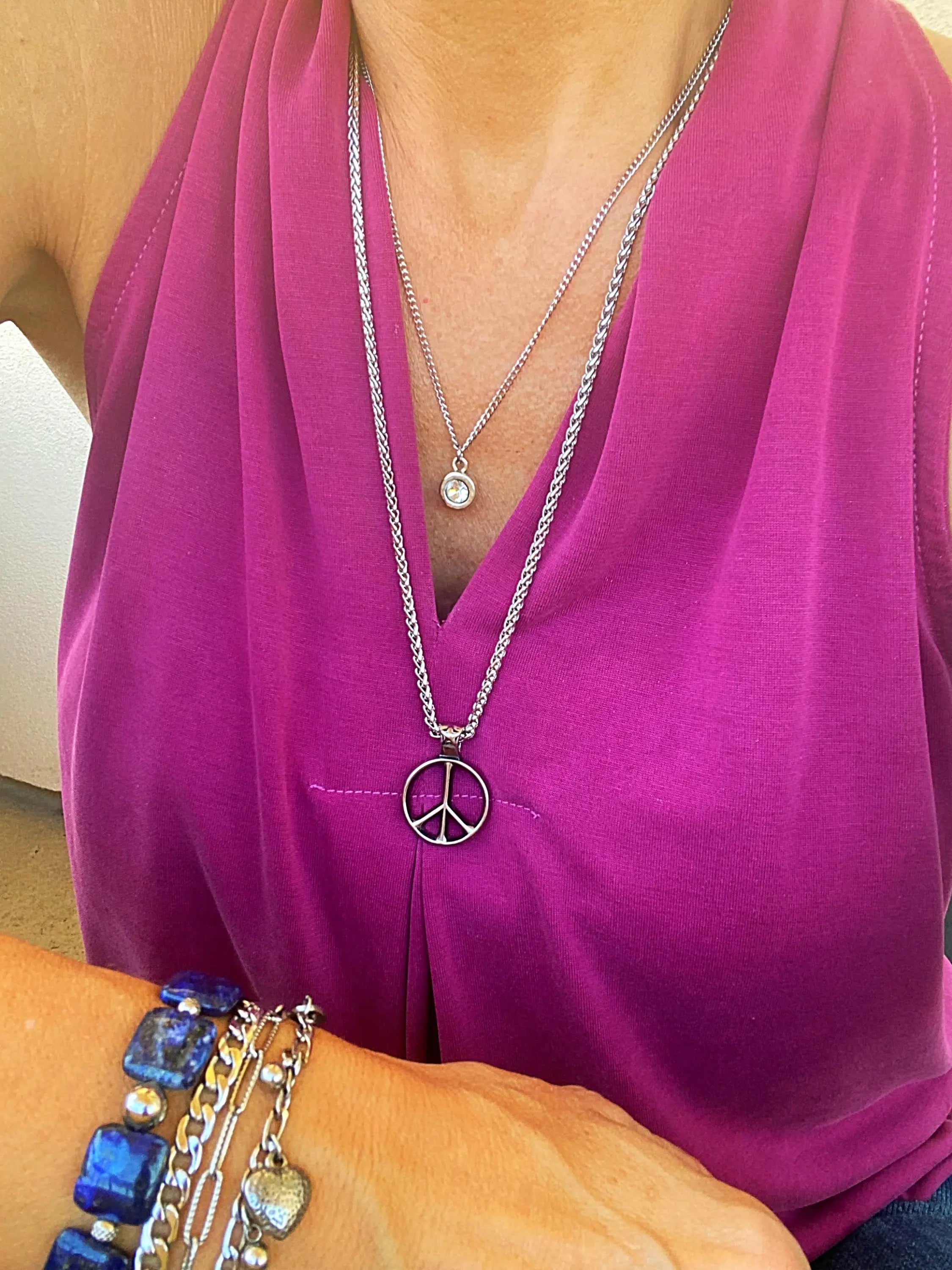 Classic Peace Sign Necklace — Silver Rope Chain