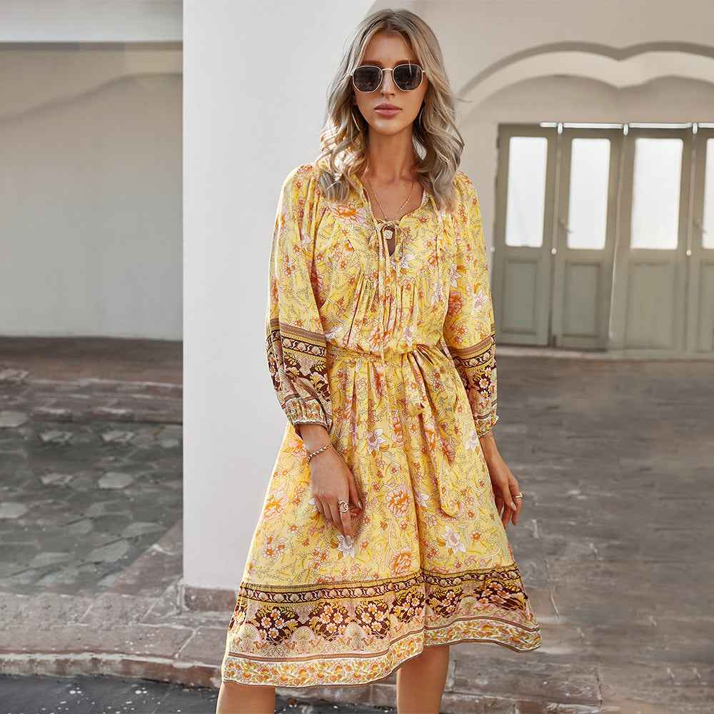 Women's Bohemian Long Sleeve Dress — V-Neck Tie Waist A-Line