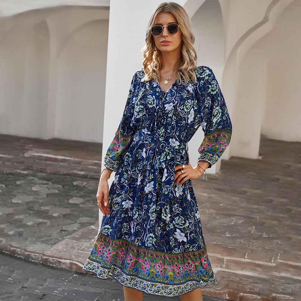 Women's Bohemian Long Sleeve Dress — V-Neck Tie Waist A-Line