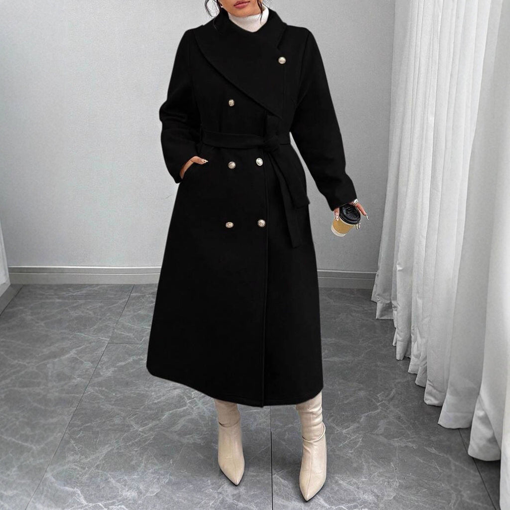Women's Double-Breasted Wool Coat with Asymmetrical Collar