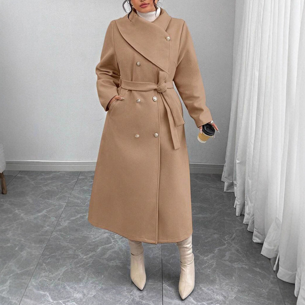 Women's Double-Breasted Wool Coat with Asymmetrical Collar