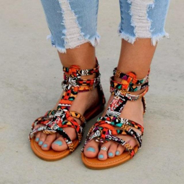 Casual Sandals Shoes Women Colorful Summer Flat Ankle Strap Sandals Shoes Flats Sandals For Women Strappy Flat Open Toe Sandals Wide Comfortable Leather Sandals