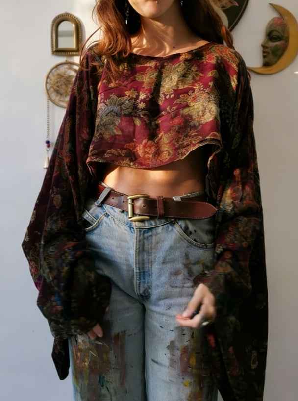 Paisley Soul Crop Top — Boho Ethnic Print Lantern Sleeve