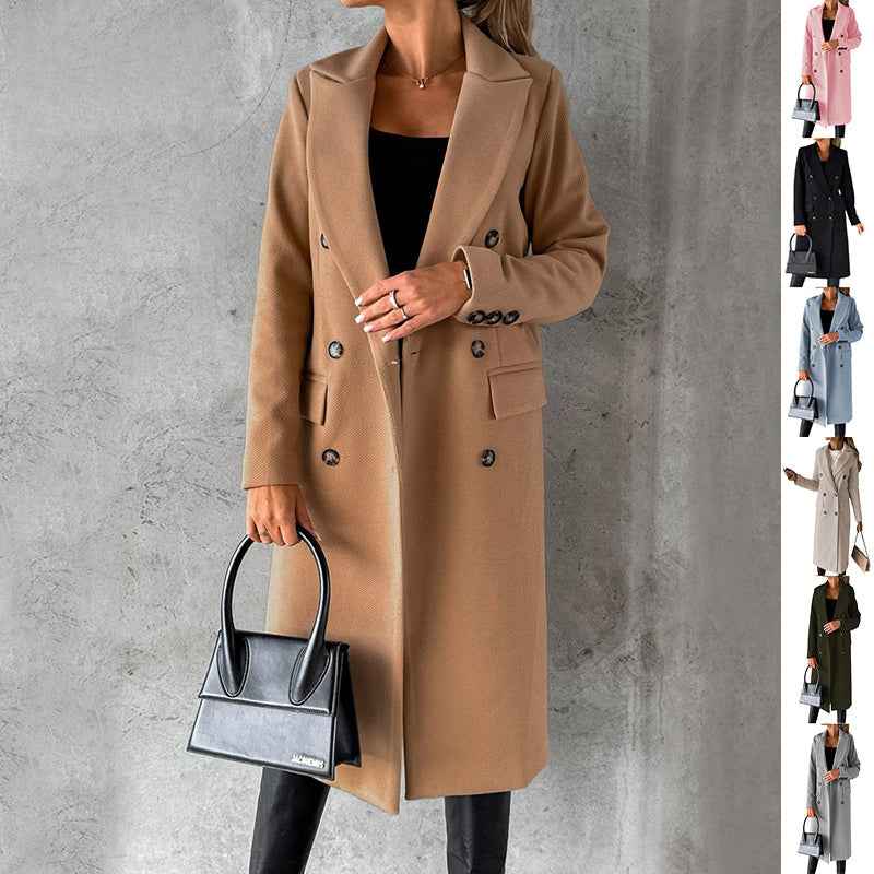 Double Breasted Lapel Coat Winter Fashion Solid Slim Long Jacket Long Sleeve Tops Womens Clothing