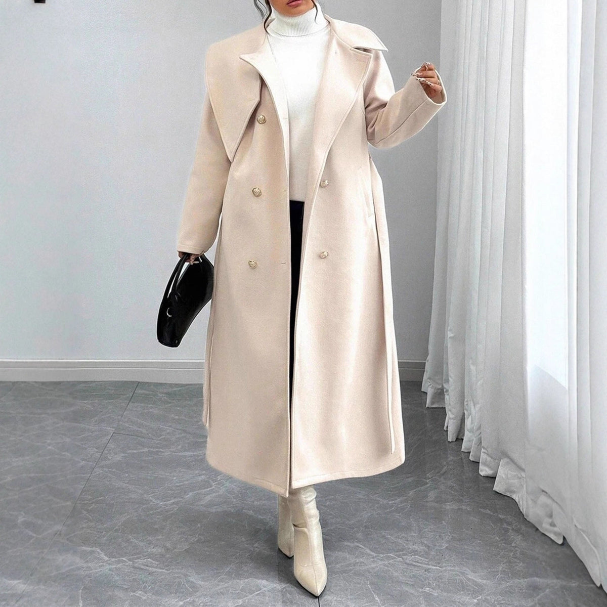 Women's Double-Breasted Wool Coat with Asymmetrical Collar
