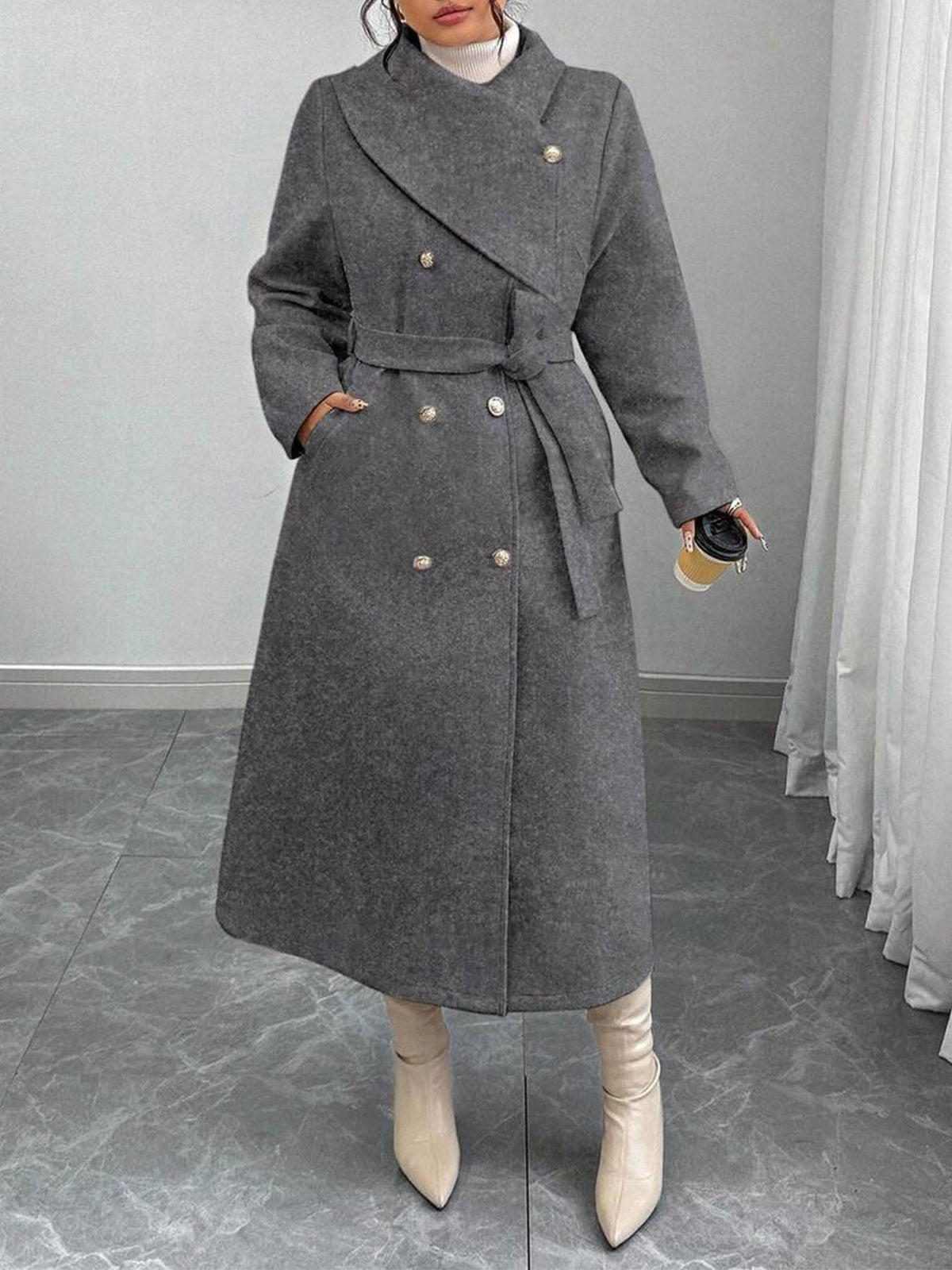 Women's Double-Breasted Wool Coat with Asymmetrical Collar