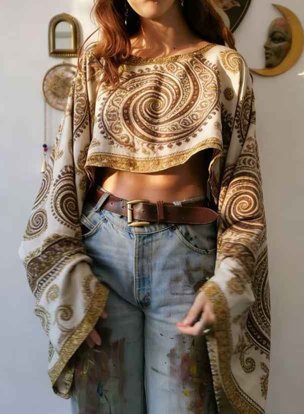 Paisley Soul Crop Top — Boho Ethnic Print Lantern Sleeve